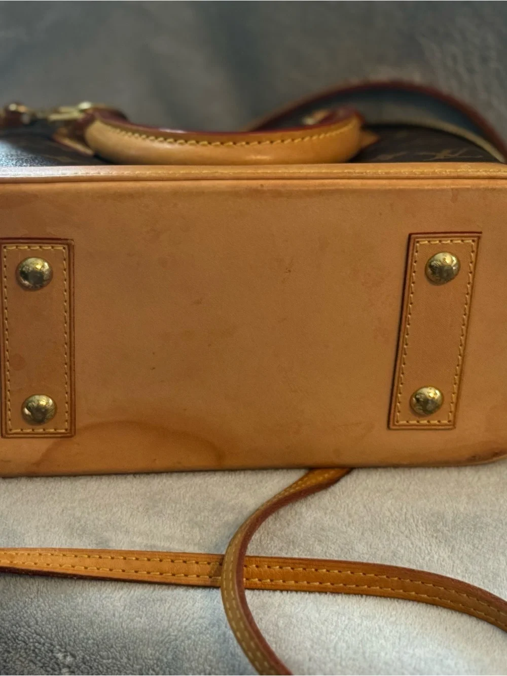 Louis Vuitton Brown Monogram Alma Satchel with Tan Trim